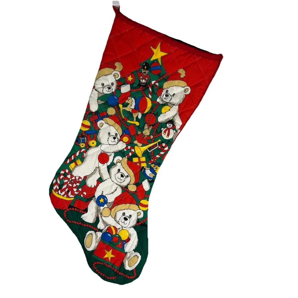 Vintage Handmade Cloth Christmas Stocking Bear Christmas‎ Tree Star Red Holiday